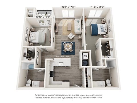 Floor plan for 2 beds, 2 baths, 1131 sqft